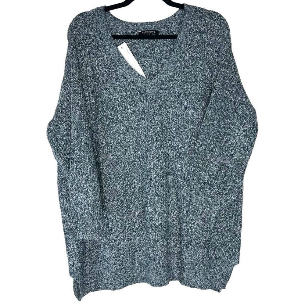 NEW Bloomchic Elastic Hem Lantern Sleeve V Neck Pullover Blue 12